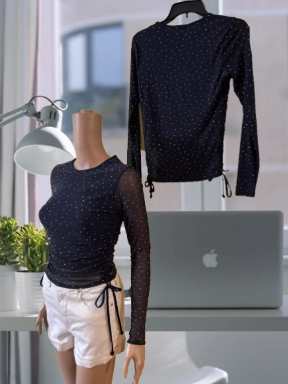 Ruched Navy Blue Long-Sleeve sheer mesh rhinestoneTee - Picture 3 of 6